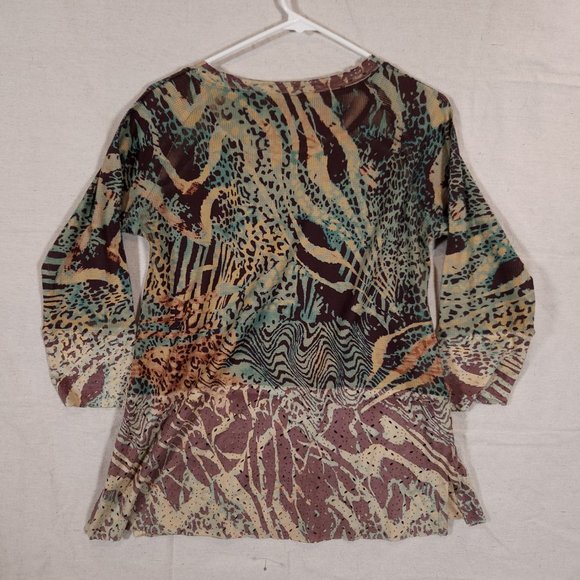Cubism Abstract Animal Print Top Womens Medium Multicolor Perforations Shirt - Picture 2 of 14